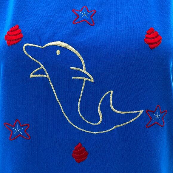 VINTAGE Crystal Kobe LARGE Blue Dolphin Sea Seashell Embroidered Tee Shirt - Picture 3 of 5